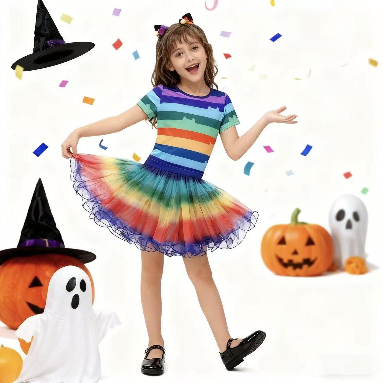 Summer Kids Clothing - T-shirt rayé arc-en-ciel pour filles, jupe
