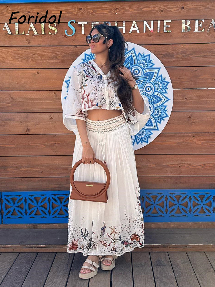 Summer Clothing For Older Women - Foridol-Jupe Maxi Brodée à Manches Chauve-Souris