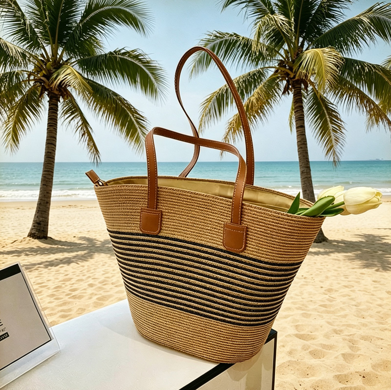 Beach Bag Straw - CLAREGQI Sac fourre-tout en paille rayé